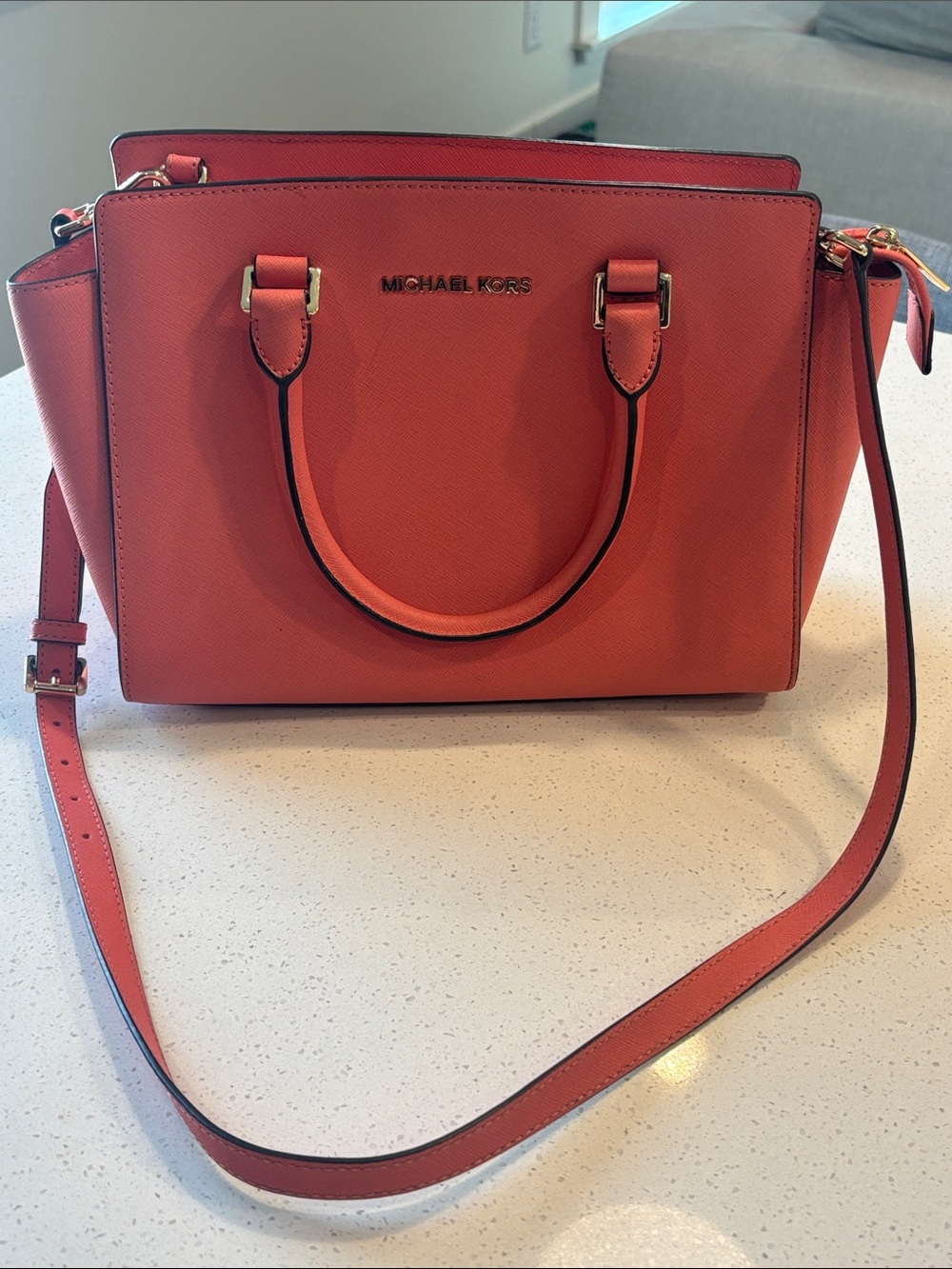 Michael Kors Coral-Red Saffiano Leather Satchel with Crossbody Strap